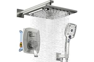 ELLO&ALLO Shower Faucet Set Mixing Valve and Trim Kit Brushed Nickel, Rainfall Waterfall Shower Head with Handheld Combo