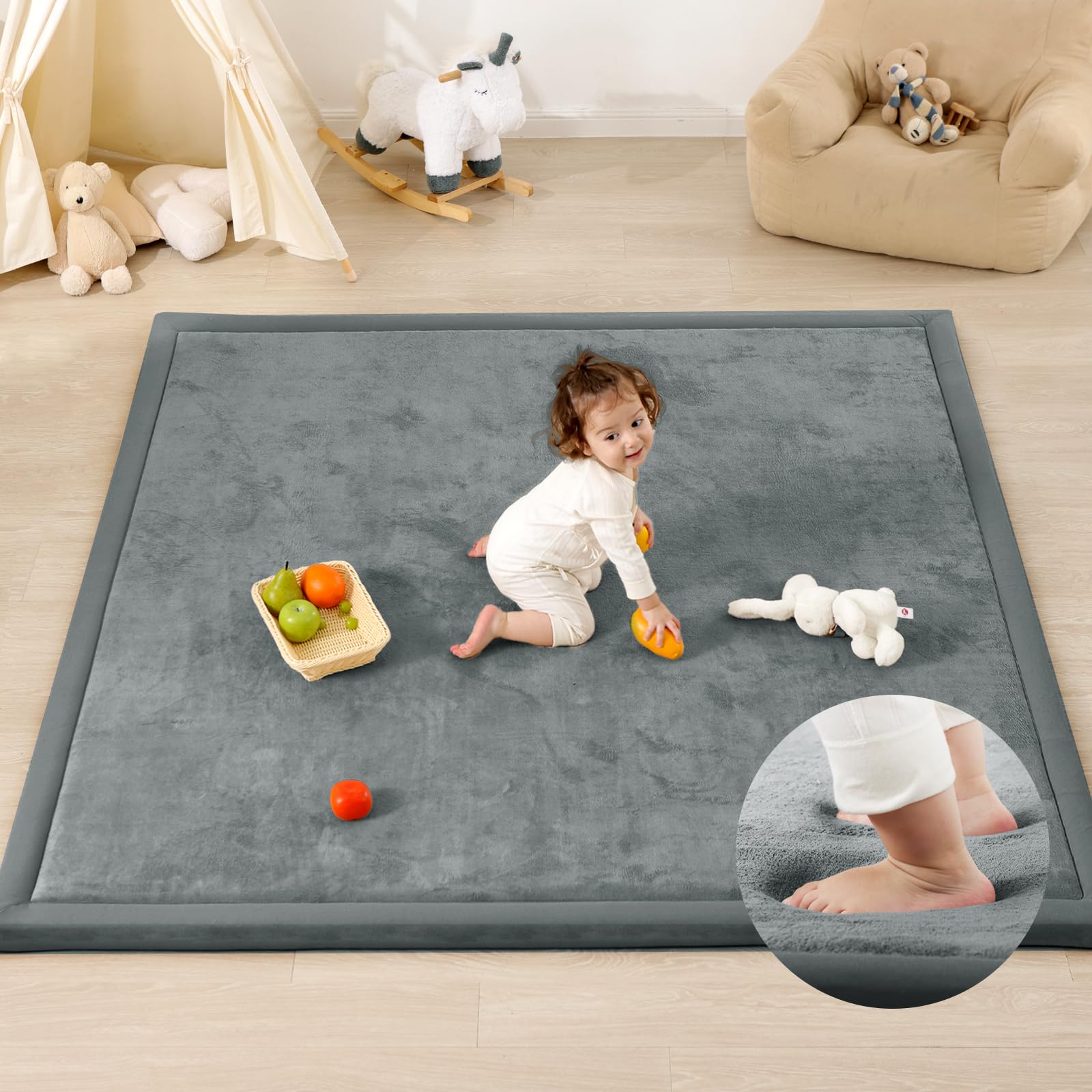 Photo 1 of PaPaMat 1.3" Thick Baby Play Mat for Floor Playpen, 50x50 Foam Tummy Time Mat, Padded Support Soft Plush Nursery Rug for Infant Kids Toddler Crawling Kick Activity (Dark Grey)