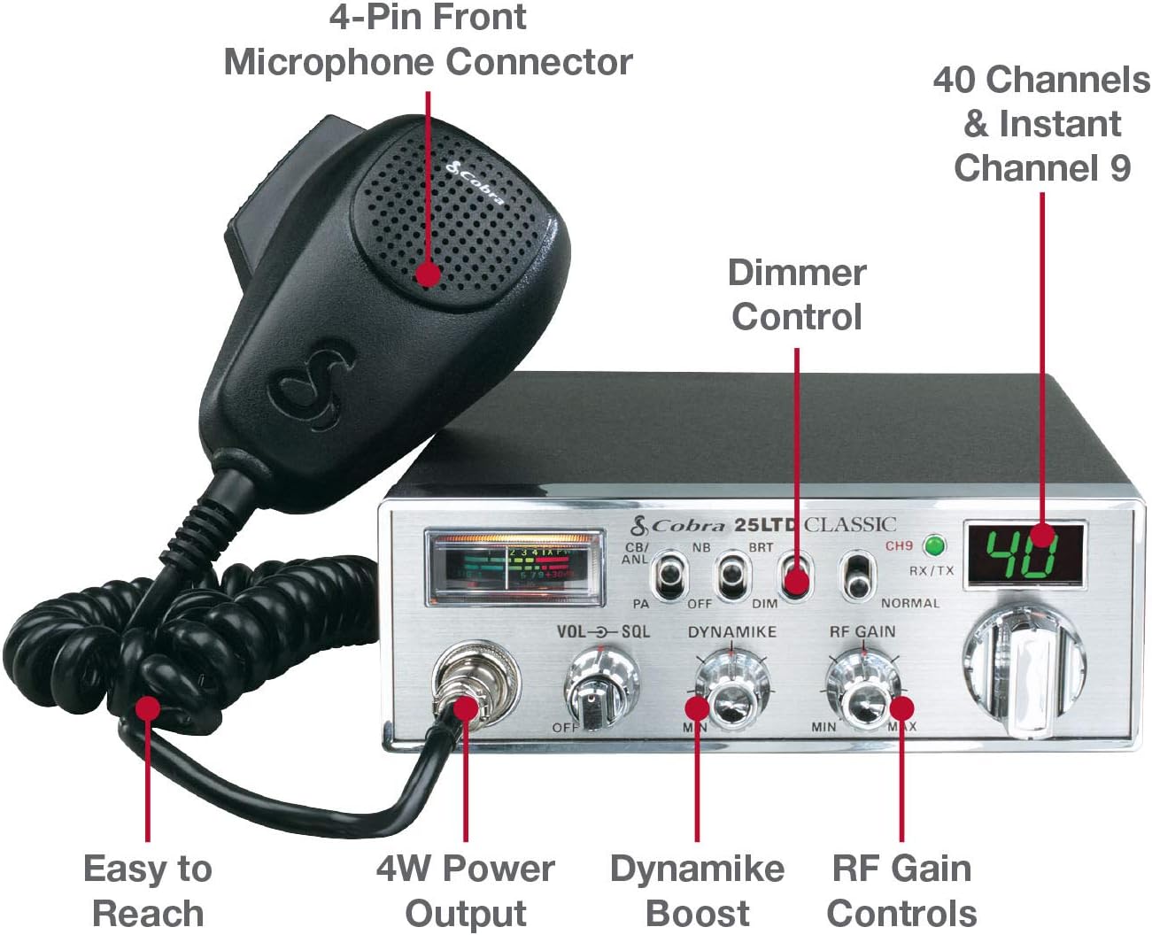 Cobra 25LTD Professional CB Radio - Emergency Radio, Travel Essentials, Instant Channel 9, 4 Watt Output, Full 40 Channels, 9 Foot Cord, 4 Pin Connector: Car Electronics