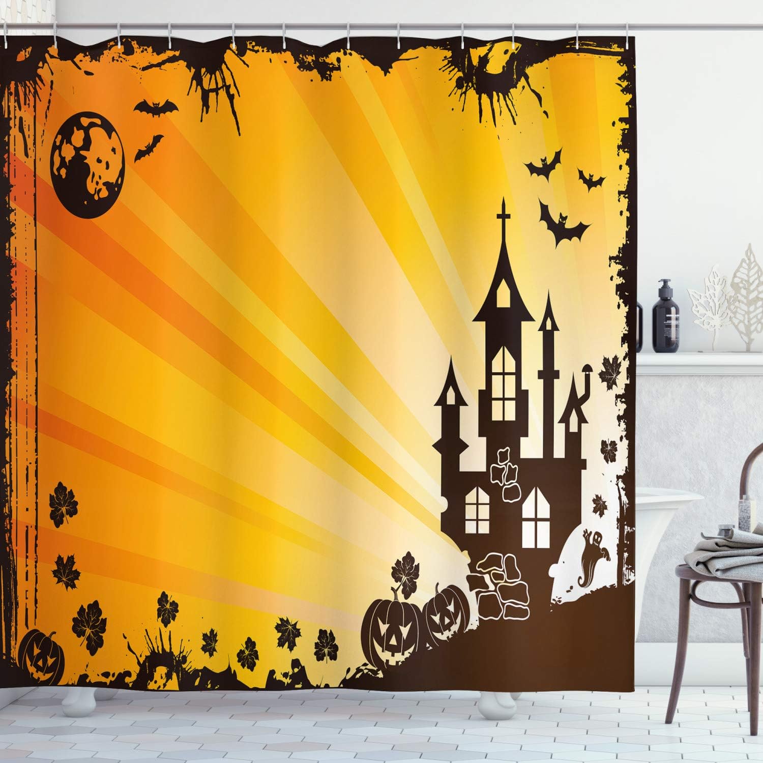 Amazon Com Halloween Decorations Shower Curtain By Ambesonne Grunge Scene With Haunted Gothic Castle Bats Ghost Theme Pumpkins Fabric Bathroom Decor Set With Hooks 70 Inches Orange Black Home Kitchen