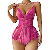 Lilosy Sexy Bows Floral Lace Mesh Babydoll Lingerie Romper