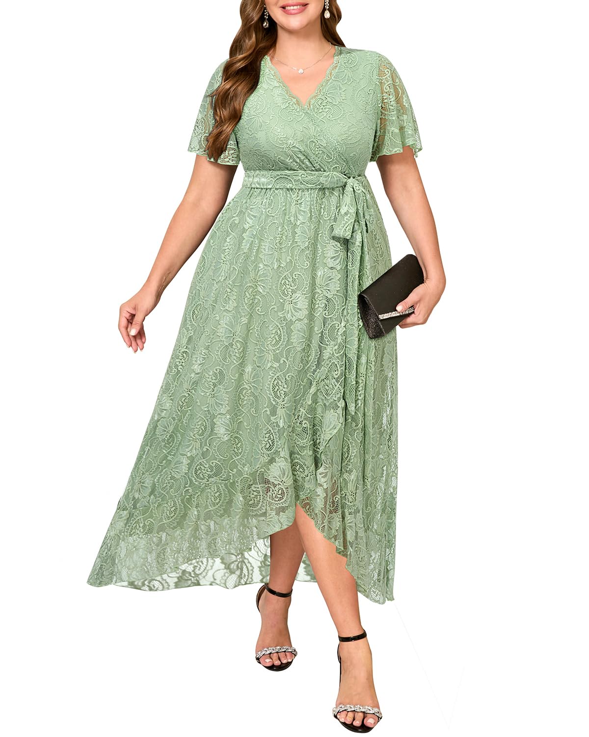 Women's Sage Green Dress Plus Size Formal Wedding Guest Cocktail Wrap V  Neck High Low Long Lace Dresses with Belt - size 18W for sale | Las Vegas,  NV