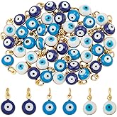 Beebeecraft 45Pcs 3 Colors Evil Eye Charms Enamel Blue 18K Gold Plated Turkish Evil Eye Charm for Jewelry Making Good Luck Bracelet Necklace, Tiny 6.5mm Round