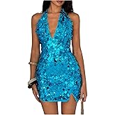 Floerns Women's Sparkly Sequin Halter Dress Sleeveless Bodycon Going Out Mini Dresses