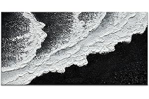 EVERFUN ART Black and White Beach Wave Textured Wall Art 3D Oil Painting Hand Painted Abstract Canvas Framed 40x20 Inch Acrylic Painting