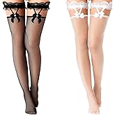 Junwapy 2 Pairs Lace Top Fishnet Stockings Bow Suspenders Thigh High Mesh Hold up Stockings for Women Girls