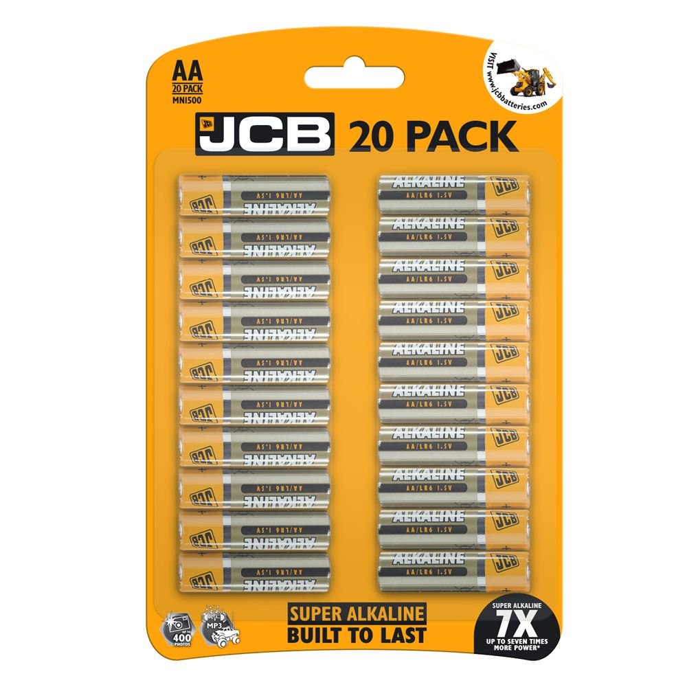 JCB AA Batteries 20 Pack - Super Alkaline Up to 7x Longer Power Life. Disposable Household Batteries AA/Double