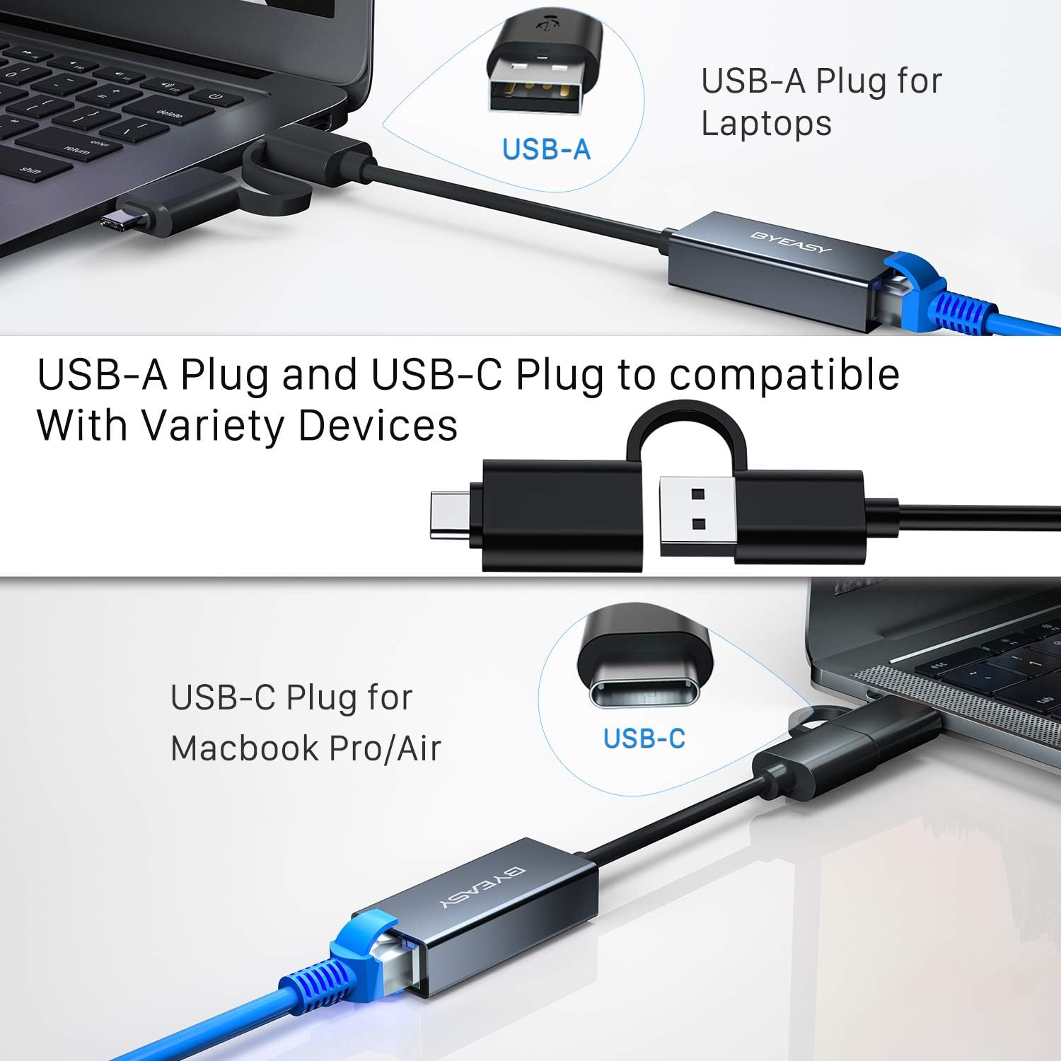 USB C to Ethernet Adapter Gigabit BYEASY Type C to RJ45 Wired Network USB 3.0 to 10/100/1000 Gigabit Ethernet Adapter for Macbook Macbook Pro/Air - Image 4