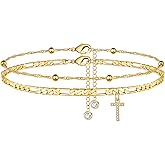 Ursteel Ankle Bracelets for Women, 14K Gold Plated Dainty Layered Chain CZ Initial Anklets Summer Jewelry Gifts for Women