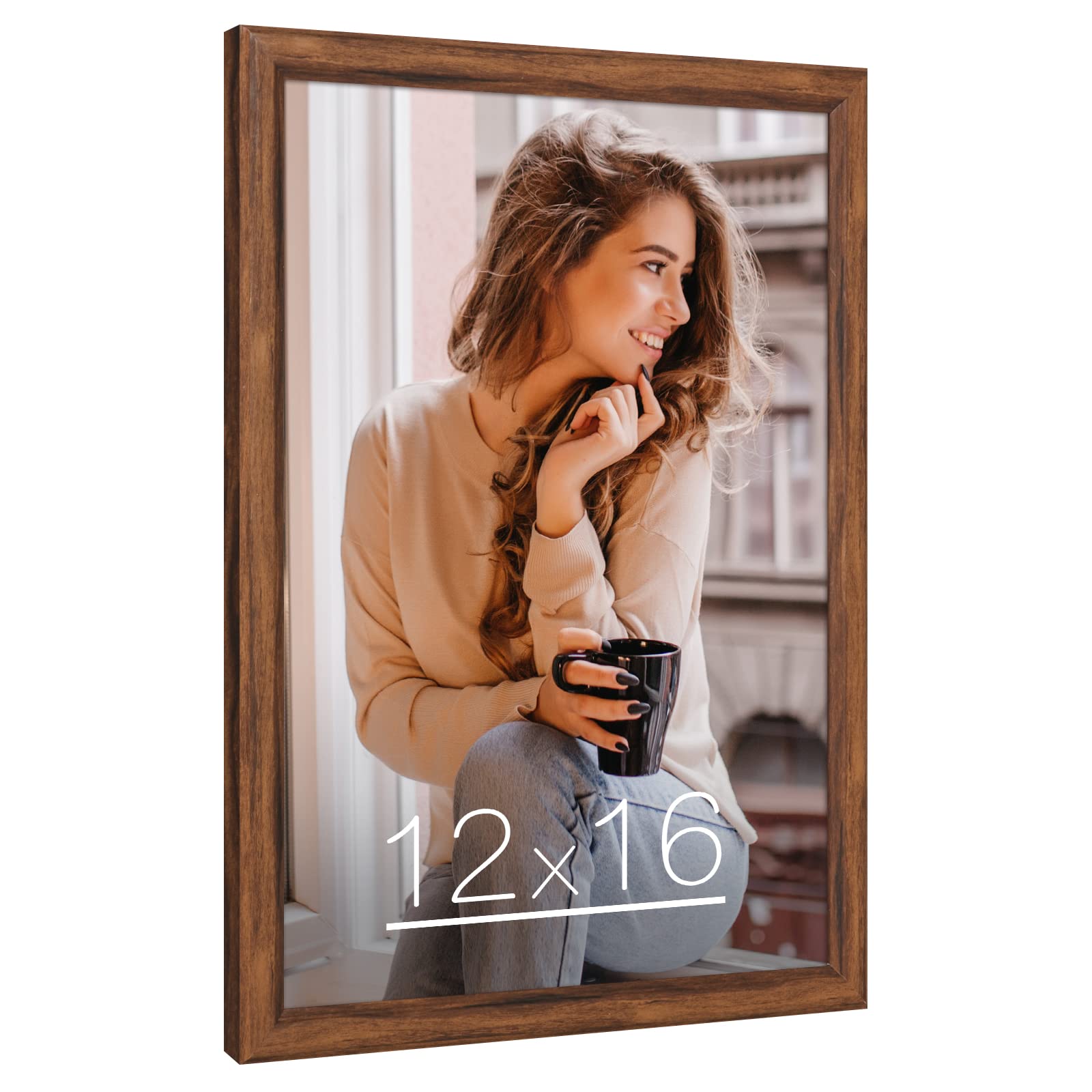 Photo 1 of 12x16 Picture Frame Brown Wood, Rustic Natural 16x12in Woodgrain Frame, Distressed Brown 12 x 16 inch Gallery Wall Photo Poster Frame with HD Plexiglass, Horizontal Vertical Wall Mounting Display 1pcs