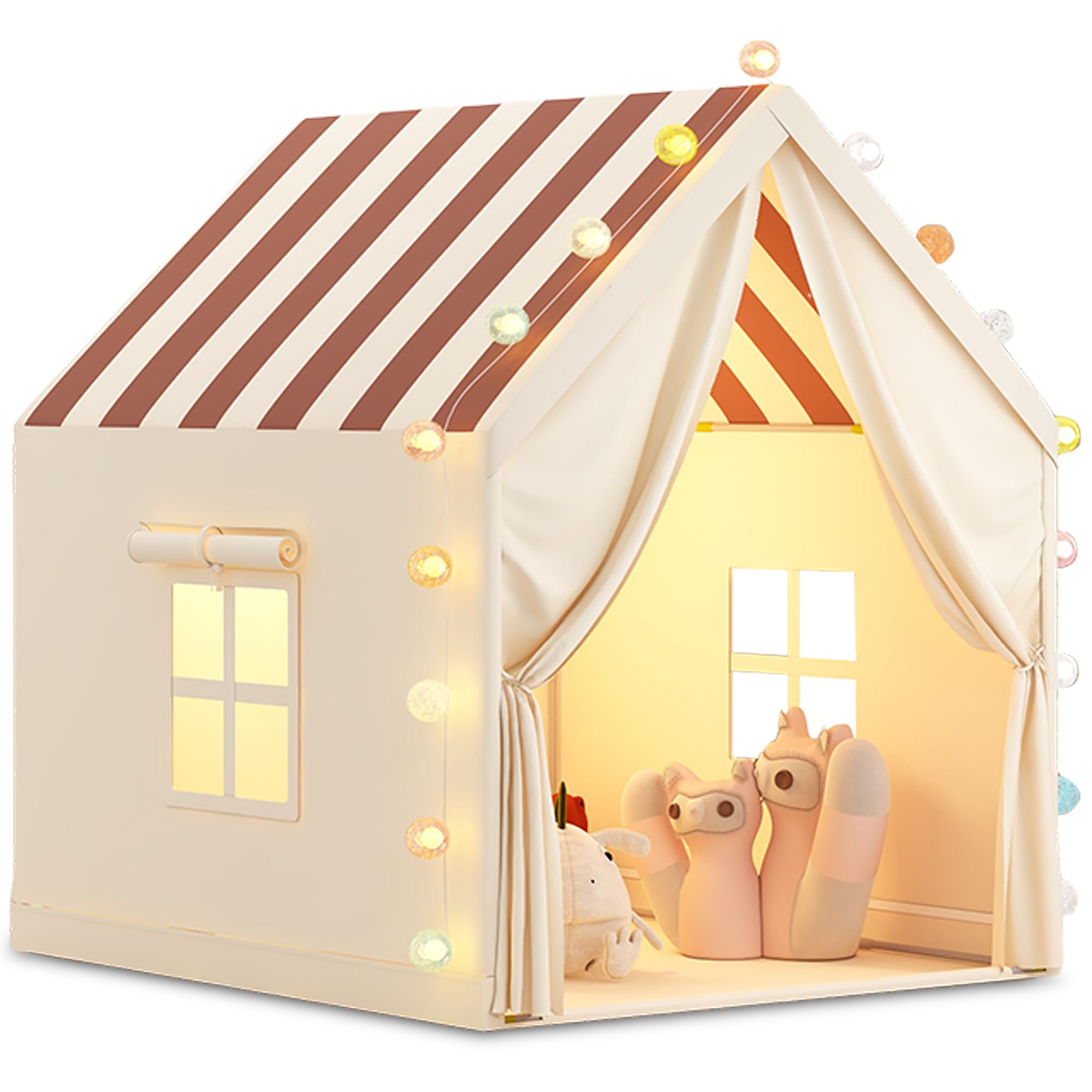 FREEAMG Children's Play Tent with Multi-Coloured Ball Lights & Storage Bag - 120x105x128cm Kids Playhouse for 3-7 Year Old Boys Girls, Indoor Toddler Tent, House Toy (Khaki)