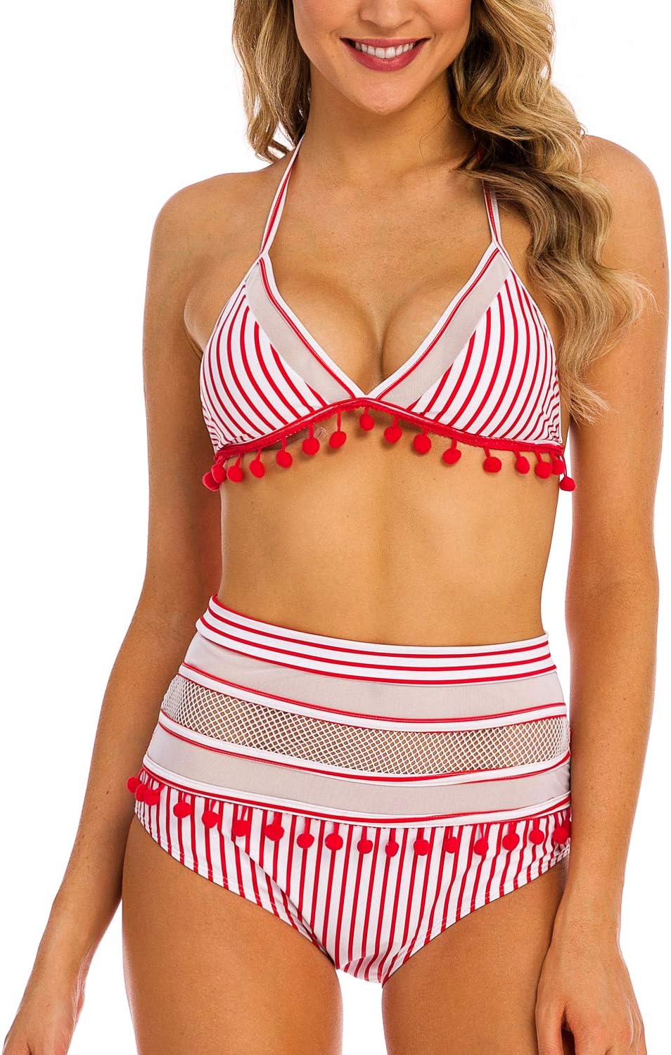 Coskaka Women's Mesh Striped High Waist Bikini Set Tassel Trim Top Halter Straps Swimsuit
