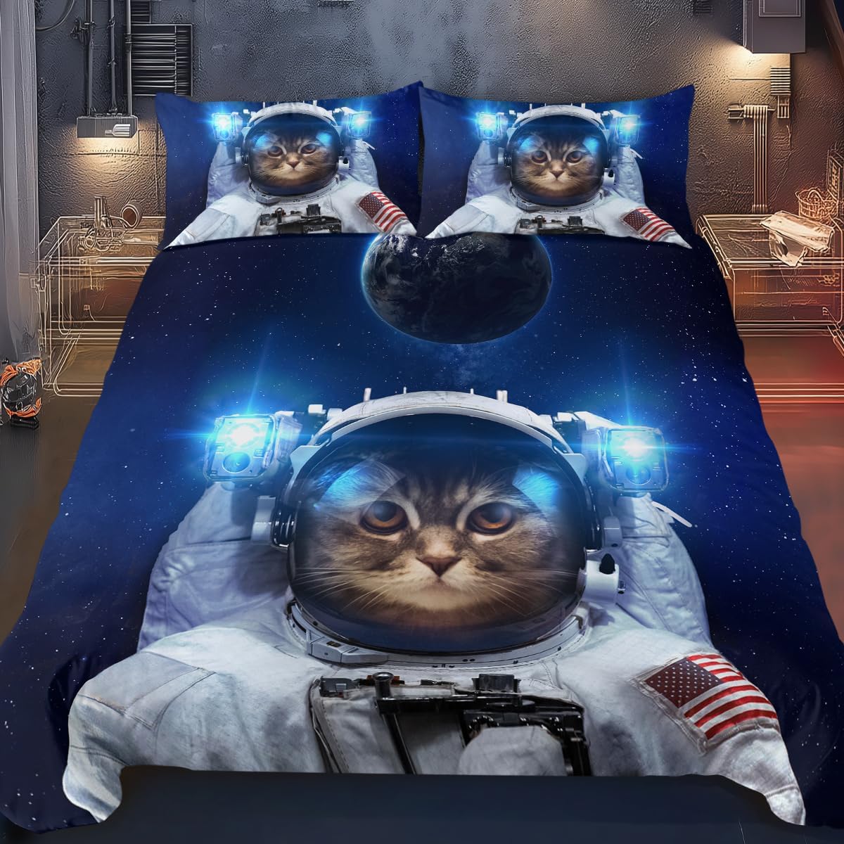 BlessLiving Funny Space Cat Bed Set 3 Piece Astronaut Pet Bedspread Teens Kids Blue Galaxy Bedding Star Universe Duvet Cover(Single) — image 1