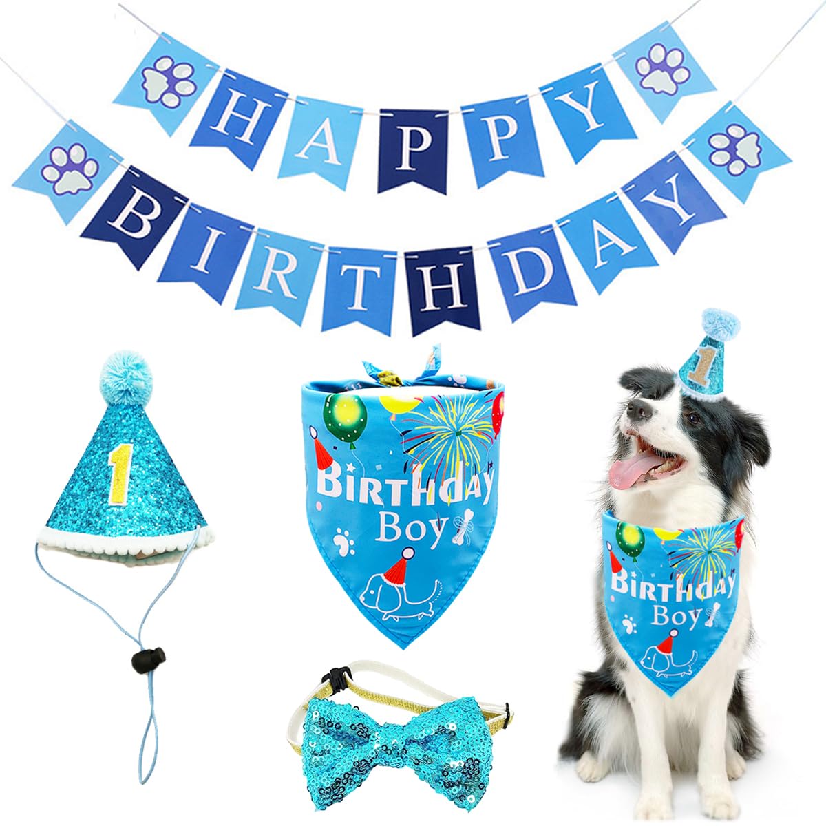 BIPY Dog 1st Birthday Hat Bandana Banner Set for Boys Small Medium Pets Blue Headdress Costumes Grooming Supplies for Party Celebration Decoration