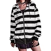 Chvity Women's Zip Up Hoodie Striped Long Sleeve Sweatshirt for Women Oversized 90S Y2K Drawstring Streetwear Grunge Jacket