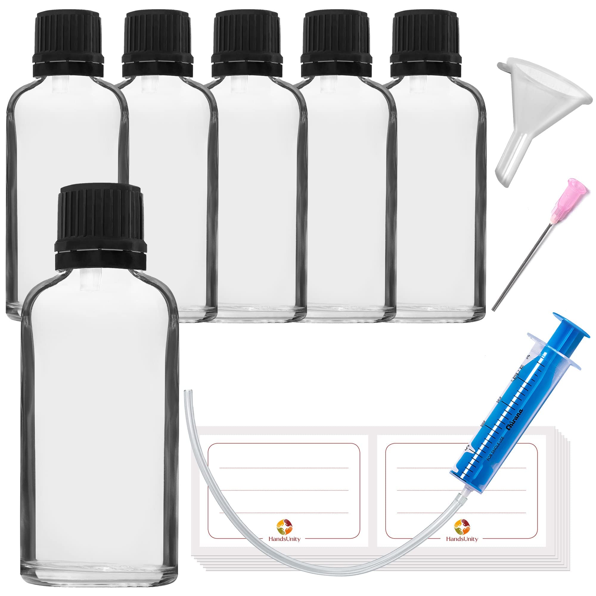 HandsUnity 50ml-6pcs of Dropper Insert Bottle - Small Clear Glass Bottle Apothecary Glass set with Black Dropper Insert Cap made of Transparent Glass set including 18 auxiliary Accessories