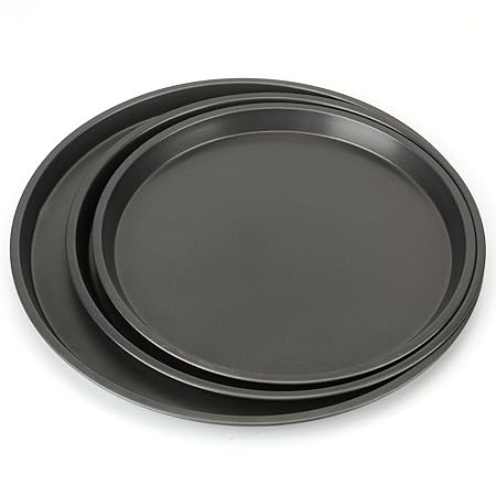 Tebery Rundes Pizzablech, Backblech 3er Set, Backset aus beschichtetem Carbonstahl, Pizza & Flammkuchen, 28cm/ 25cm/23cm Ø