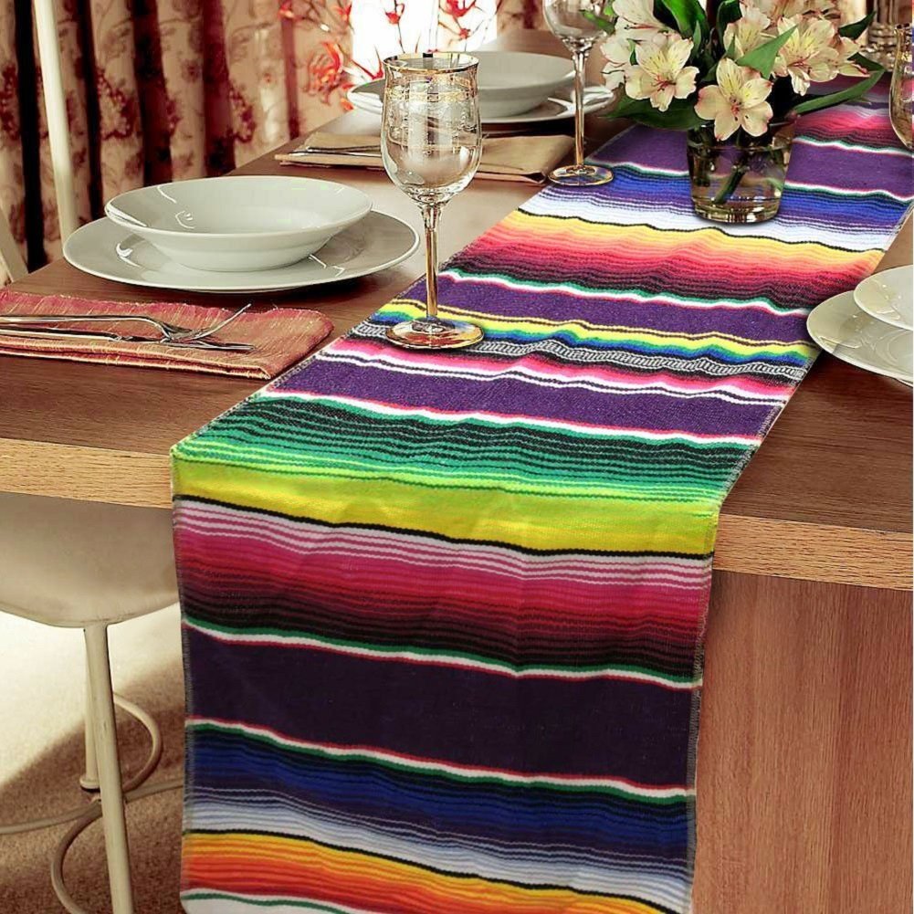 ShineU 84 x 14 inch Mexican Serape Table Runner with Fringed Ends, Vibrant Colors Cotton Woven Table Runner Ideal for Table Cloth Blanket Wall Decoration