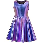 Shekavarld Girls Metallic Dress Kids Sparkly Shiny Dresses Twirl Swing Dresses