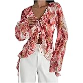 WDIRARA Women's Floral Print Ruffle Blouse V Neck Tie Front Long Bell Sleeve Chiffon See Through Tops