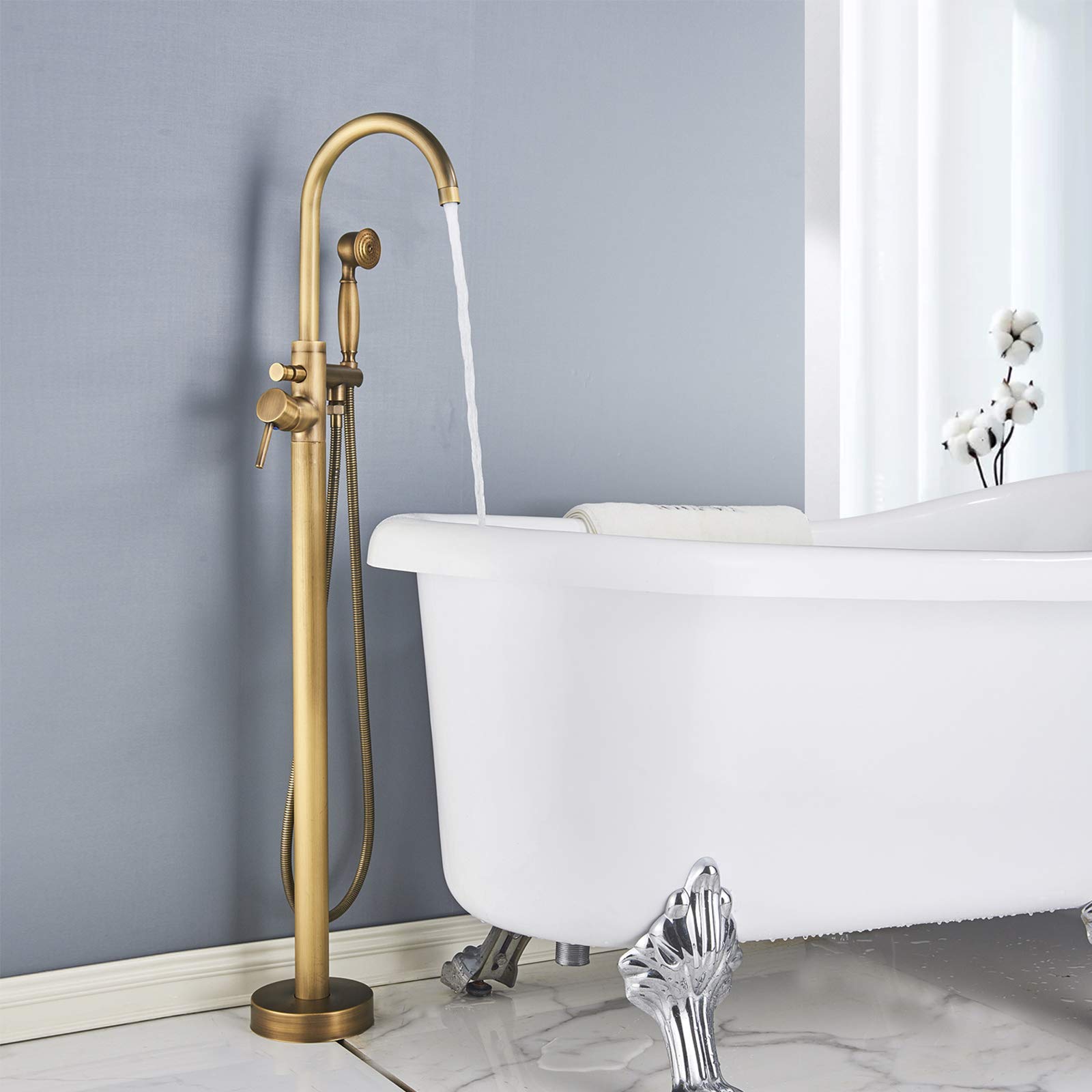 Rozin Floor Mounted Bathtub Tap Antique Brass Single Lever Freestanding 360 Rotatable Spout Filler with Hand Sprayer Bathroom Shower System