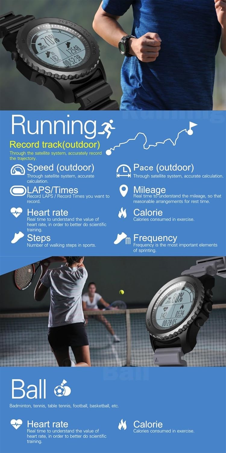 Amazon.com : ZHUOTOP Outdoor Sport Watch GPS Smart Watch Swimming Snorkeling Climbing Wristwatch IP68 Waterproof Heart Rate Clock Round Screen Black ...