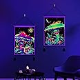 Leofanger Pack of 2 Blacklight Mushroom Tapestry - UV Reactive Skull Floral, Sun and Moon, Vertical Galaxy Space Wall Hanging for Home Decor