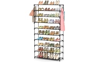 LANTEFUL 10 Tiers Shoe Rack 50 Pairs Large Capacity Tall Shoe Organizer Sturdy Shoe Storage with Two Hooks Space Saving Metal Wide Shoe Rack for Closet, Entryway, Bedroom, Black