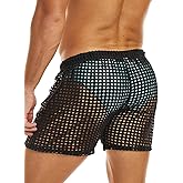 MIZOK Men's Hollow Openwork Short Sexy Fishnet See Through Boxer Shorts Lounge Swim Cover Black M
