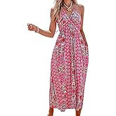 CUPSHE Women's Backless Beach Dress Halter Neck Ruffle Plunge V Neck Sleeveless Maxi Sundress Summer Dresses