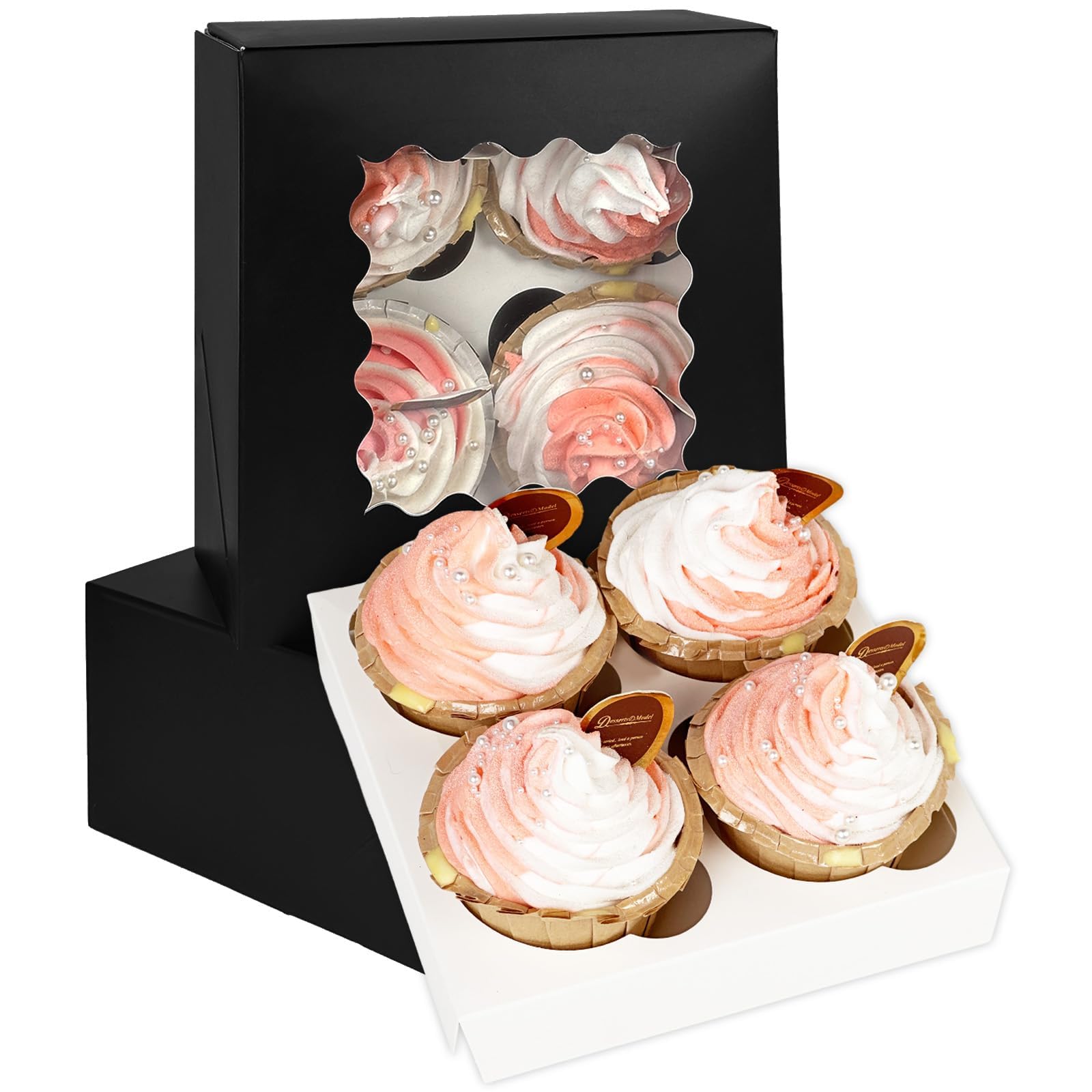 Gcardist Automatic Cupcake Boxes Pop-Up 4 Boxes with Window Black 12 Cupcake Boxes 16x16x7.5cm Bakery Boxes for Cupcake Holders, Cupcake Containers (6.3x6.3x3 inch)