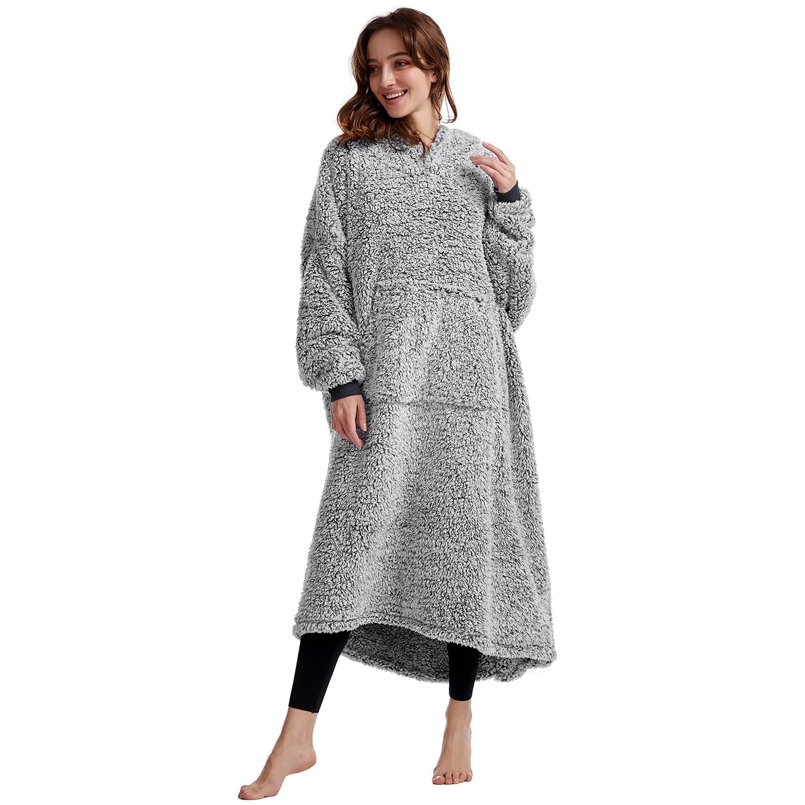 Oversized Teddy Fleece Hoodie Blanket for Women Cuddly Sherpa Wearable Snuggle Blanket Hoody for Adults Kids Men Teenager, Super Warm and Soft,Black