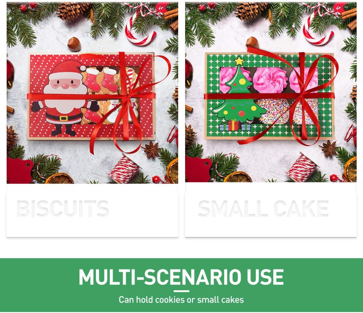 HEMOTON Christmas Cookie Boxes Doughnut Boxes Bakery Box Christmas Kraft Paper with Clear Window,Gift for Presents Green and Red Holiday Designs with Xmas Ribbons for on Holiday Party(Set of 12) - Image 3
