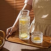 Bedside Water Carafe and Glass Set, 21.6 Oz Glass Pitcher with 6 Oz Drinking Cup Lid, Multi-Functional Mouthwash Dispenser for Bathroom Counter, Nightstand or Kitchen, Water Bottle Set