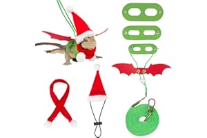 ADOGGYGO Christmas Bearded Dragon Santa Hat Scarf Lizard Leash Harness Set - Lizard Xmas Costume Scarf and Hat + 3 Pack Bearded Dragon Harness Leash for Reptile