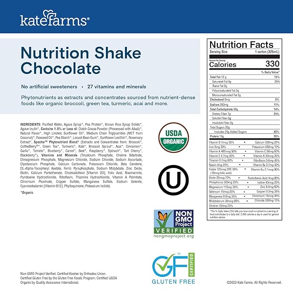 KATE FARMS ORGANIC NUTRITION SHAKE, CHOCOLATE, 16G PROTEIN, 27 VITAMINS AND MINERALS, PROTEIN MEAL REPLACEMENT DRINK, PROTEIN SHAKE, 11 OZ (12 PACK)