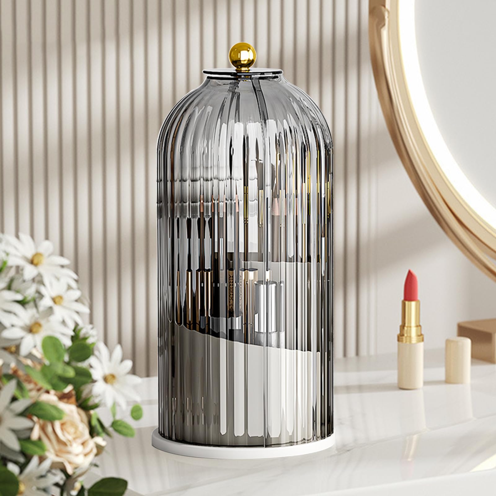 GOIGPD Modern Elegant Makeup Brush Organizer with Lid, 360° Rotating Clear Dustproof Makeup Brush Holder, Black