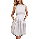 sabrilila Summer Bubble Dresses for Women Sleeveless Slim Fit Cute Drop Waist Cocktail Party Club Mini Dress with Pocket
