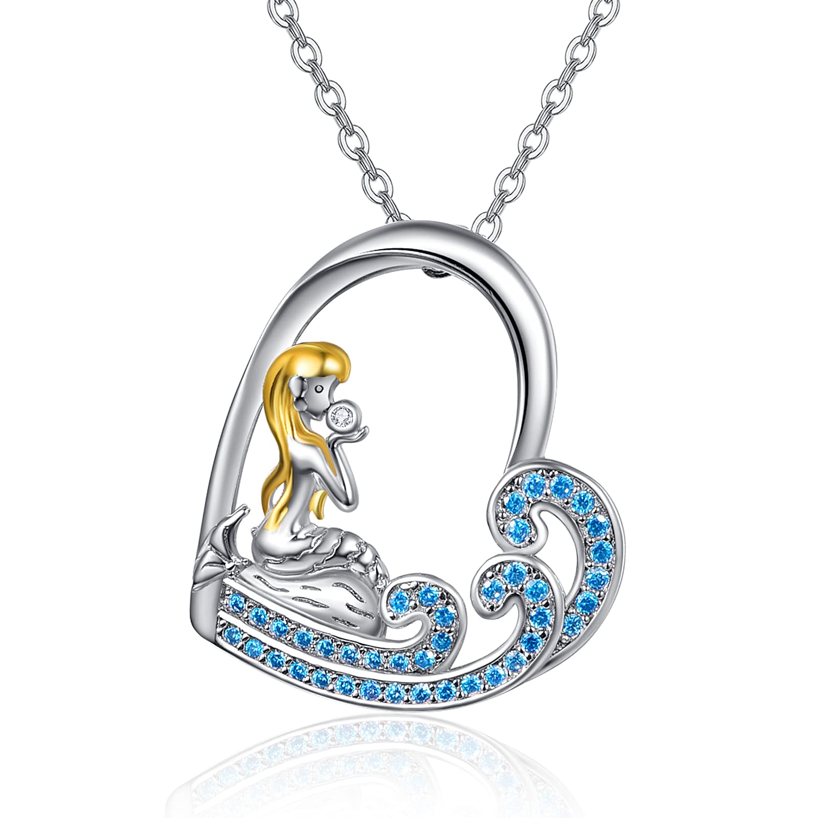 praymos Mermaid Pendant 925 Sterling Silver Necklace for Women Love Heart Necklace Fairy Tales Jewellery Gifts for Daughter,18”+2” Silver Chain