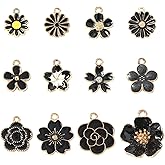 KitBeads 60Pcs 12 Styles Black Flower Charms Enamel Dark Floral Charms Cherry Blossom Daisy Charms for Jewelry Making Bracelets Necklaces Crafts