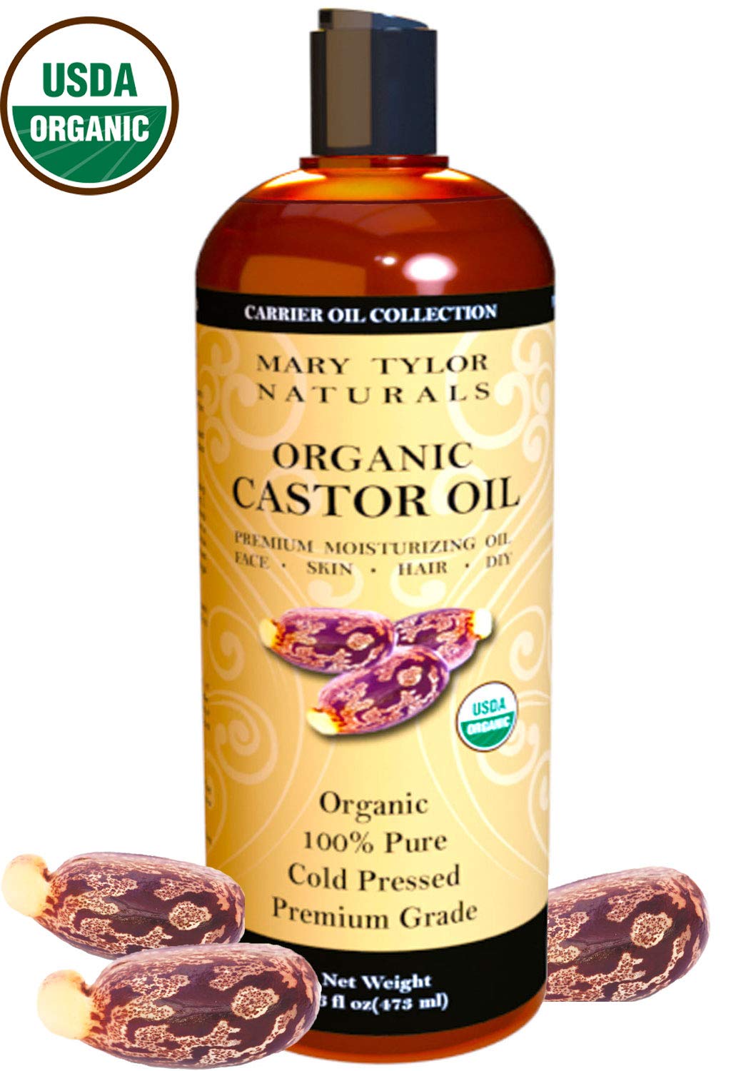 Organic Castor Oil (16 oz) USDA Certified, Cold Pressed, Hexane Free, 100% Pure, Amazing Moisturizer for Skin, Stimulates Growth for Hair, Eyelashes and Eyebrows By Mary Tylor Naturals : Beauty
