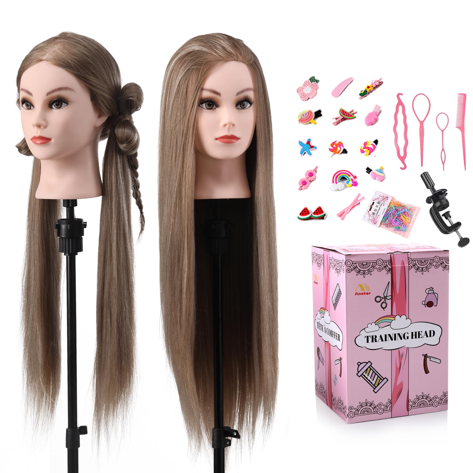 Photo 1 of Mannequin Head with Hair, 26" Hair Mannequin Manikin Head Hair Practice Cosmetology Hair Doll Head Styling Hairdressing Training Braiding Cutting Setting with Clamp Holder and Tools