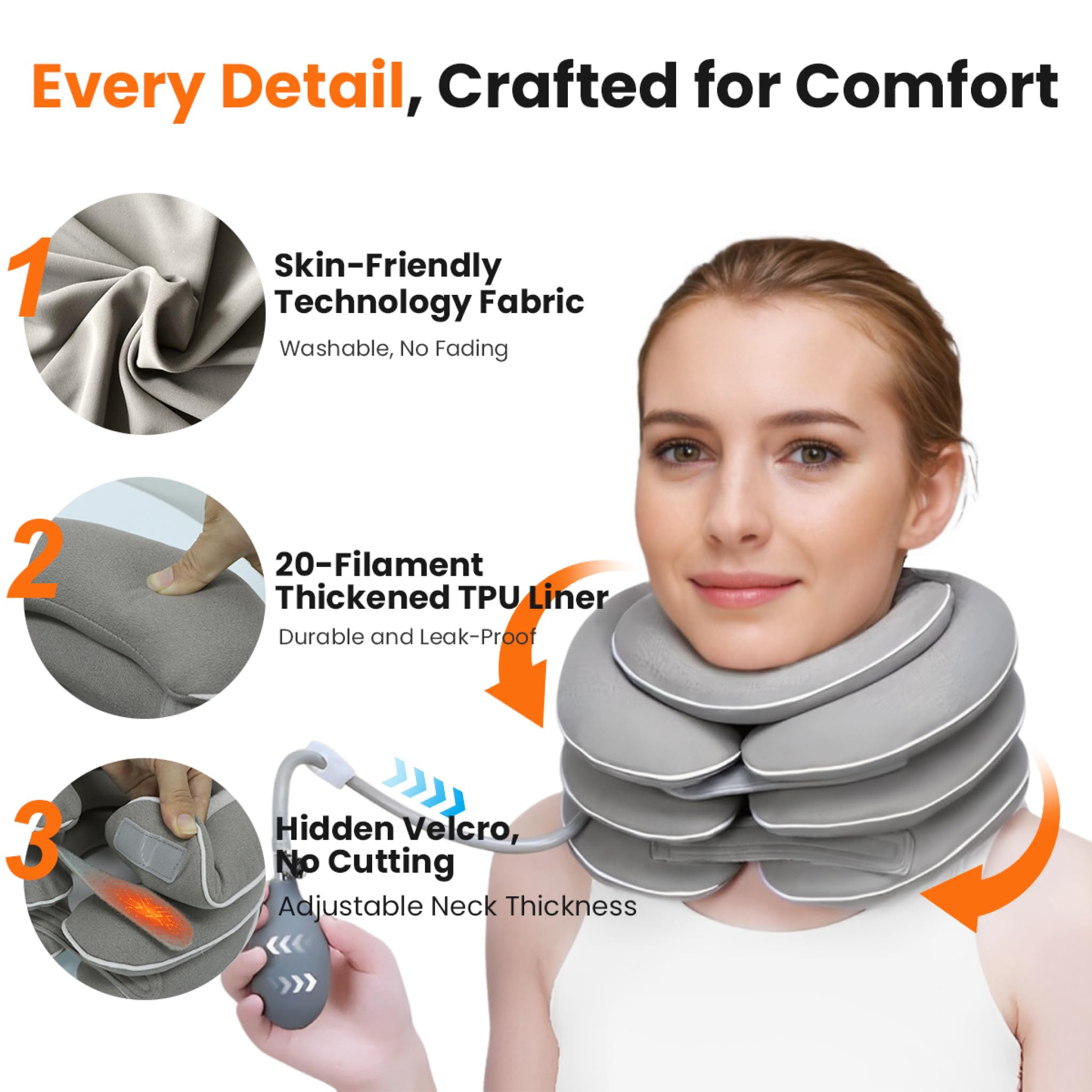 Neck Stretcher with Neck Brace,Cervical Traction Neck Device,Neck Relief Tool,Adjustable Inflatable Cervical Brace,Home Use Neck Decompression New Technology Breathable Fabric Washable(Gray)