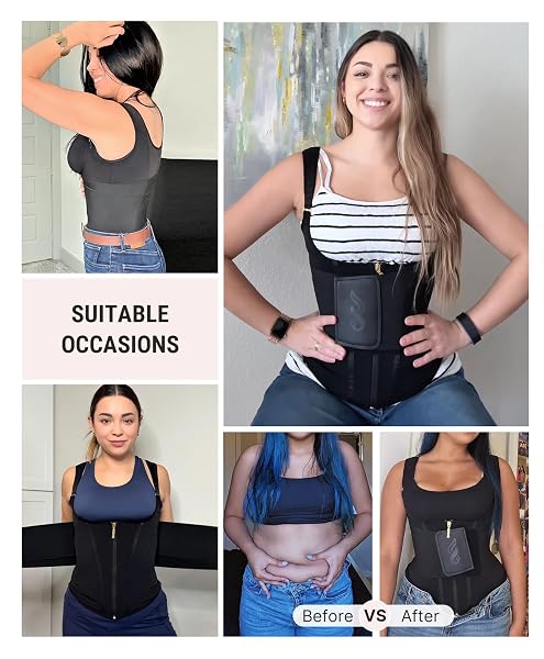 FEELINGIRL WAIST TRAINER FOR WOMEN TUMMY CONTROL WORKOUT HOURGLASS VEST WAIST CINCHER WITH ADJUSTABLE SHOULDER STRAP BLACK M