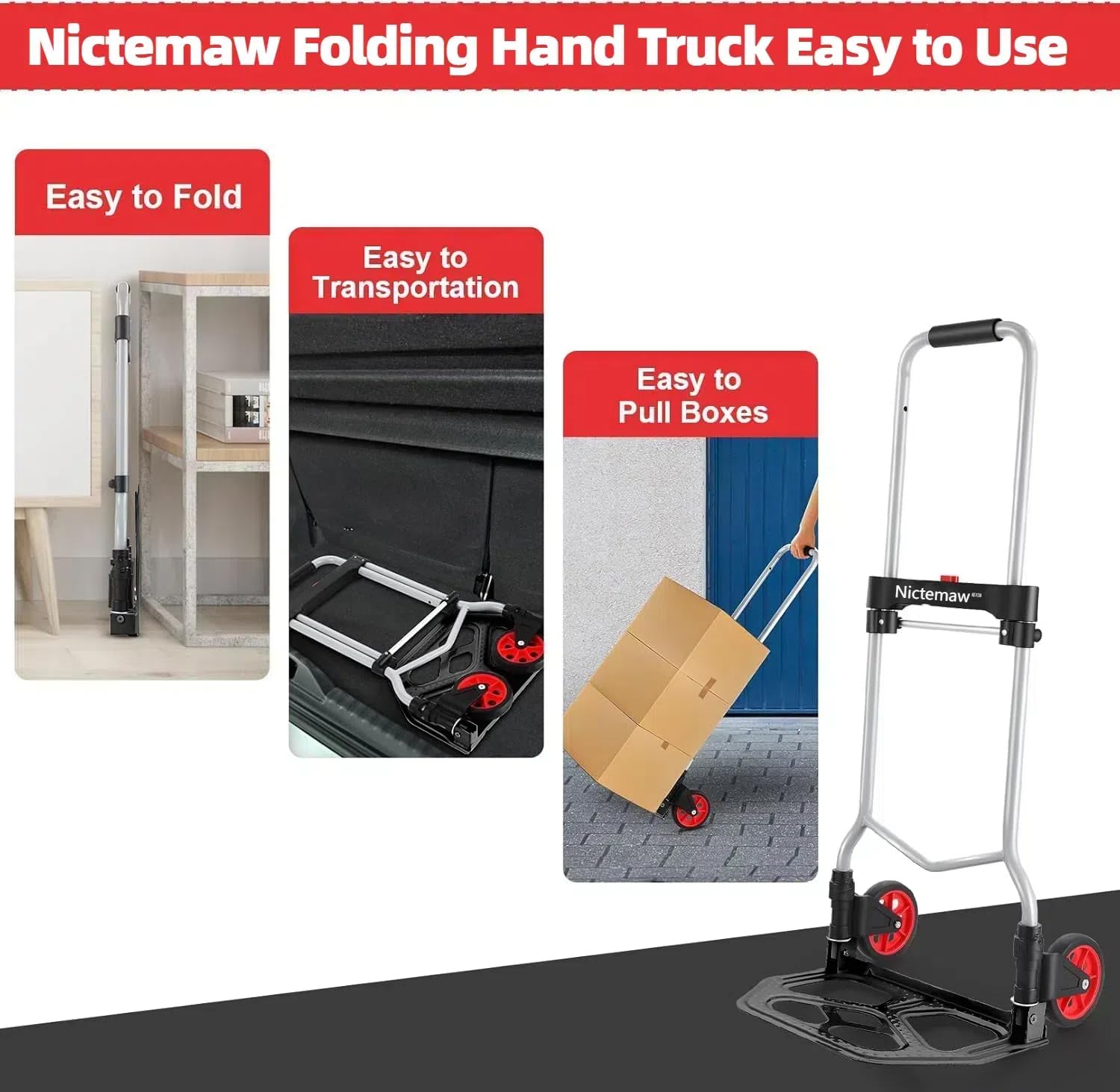 Nictemaw Carrello pieghevole in alluminio, manico telescopico 100 cm, uso industriale e domestico, capacità 100 kg, nero