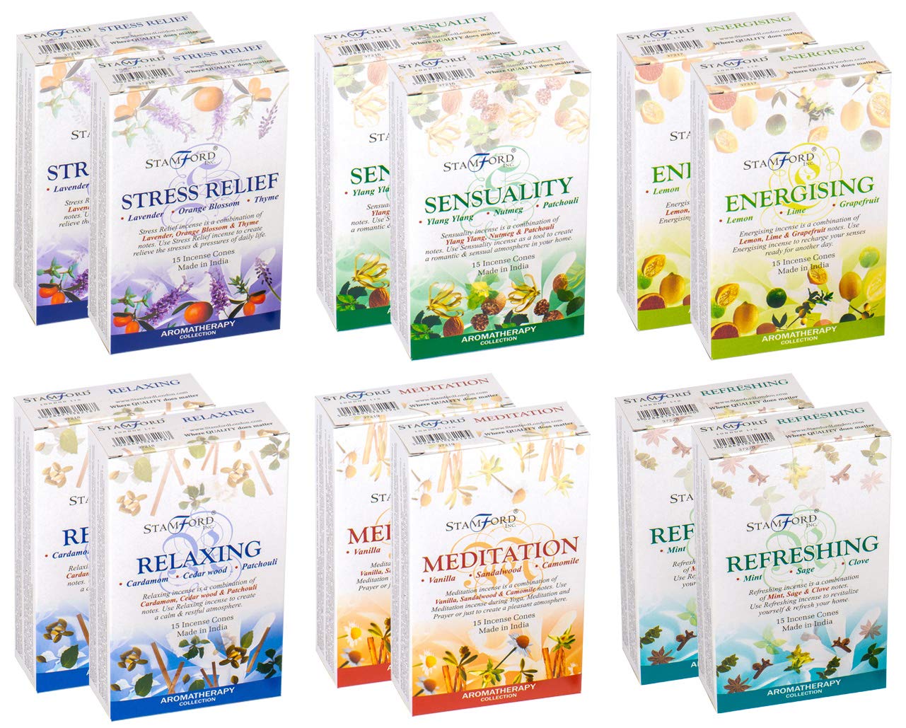 Stamford London 37357 Aromatherapy Variety Set Incense Cones - 12 Packs x 15 Cones