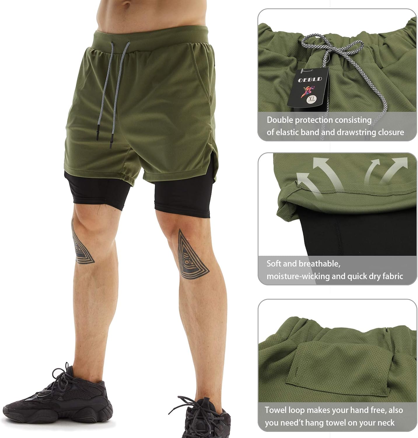 OEBLD Mens Athletic Shorts 2-in-1 Gym Workout Running 7'' Shorts with Towel Loop: Clothing