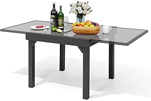 PATIOHIT Modern Aluminum Outdoor Dining Table - Expandable Patio Glass Dining Table for 6-8, Extendable Aluminum Patio Extender Table 35" to 70" for Backyard, Porch, Deck, Garden, Tempered Glass Gray