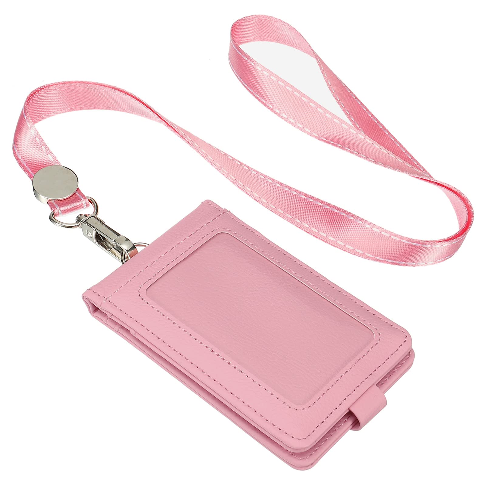 PATIKIL PU Leather ID Badge Holder with Detachable Neck Lanyard Set, Folded Credit Holder with 1 Clear Window 4 Card Slot for Offices, Pink