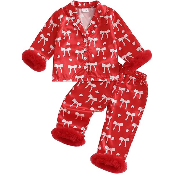 BULINGNA Toddler Girl Satin Pajama Set - Heart Print Two Piece Valentine's Sleepwear